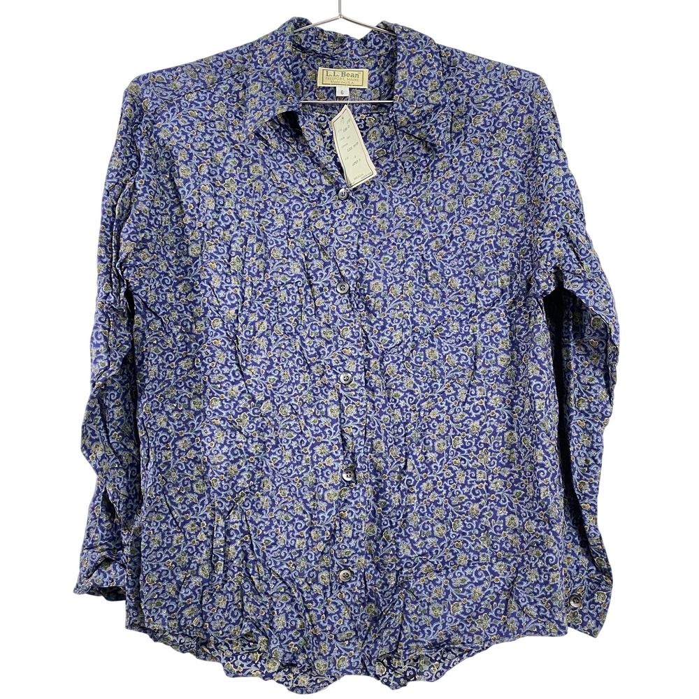 Vintage L.L. Bean Shirt Womens 6 Navy Paisley Button Made in USA 90s Deadstock